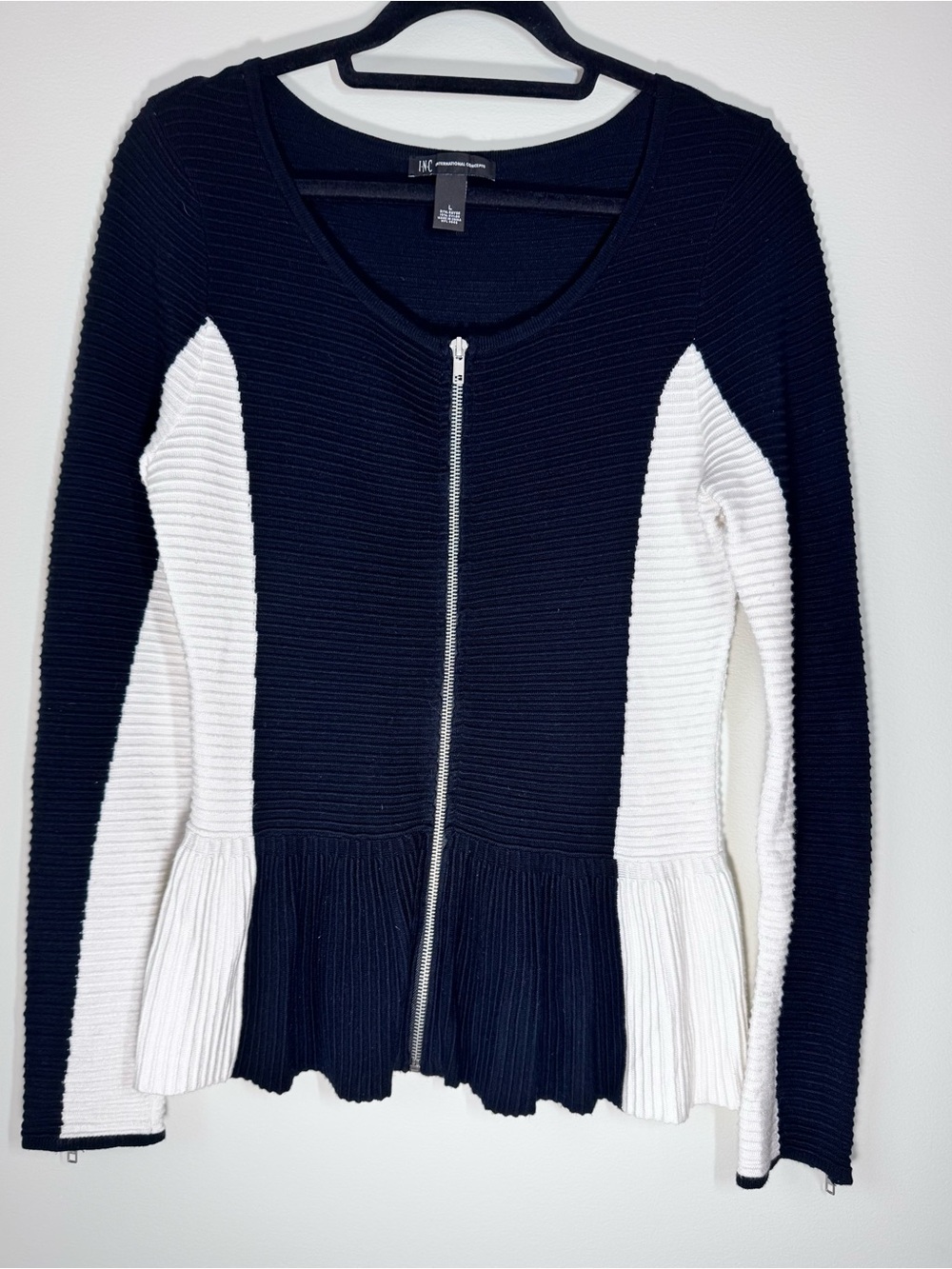Black & off White Ribbed Zip-Front Peplum Sweater- Large